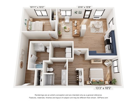 a 3d rendering of a 2-bedroom floor plan